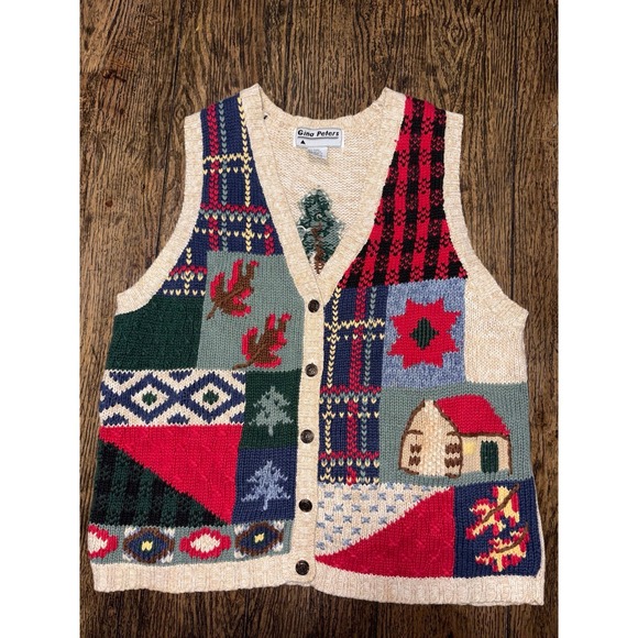 Sweaters - Vintage Gina Peters Sweater Vest Womens Medium Multicolor Patchwork Ramie 90s